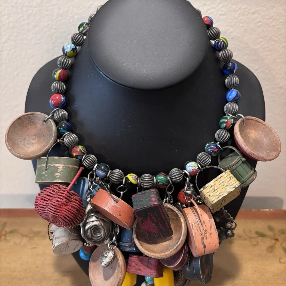 Vintage Mexican Folk Art Charm Necklace Statement Bib Beaded Wood Metal